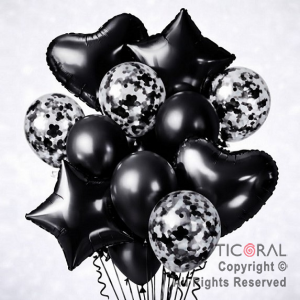 SET DE GLOBOS METALIZADOS ESTRELLA CORAZON CONFETI Y LATEX NEGRO X 14 UNIDADES